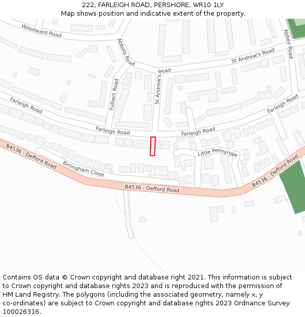 222, FARLEIGH ROAD, PERSHORE, WR10 1LY: Location map and indicative extent of plot