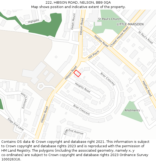 222, HIBSON ROAD, NELSON, BB9 0QA: Location map and indicative extent of plot