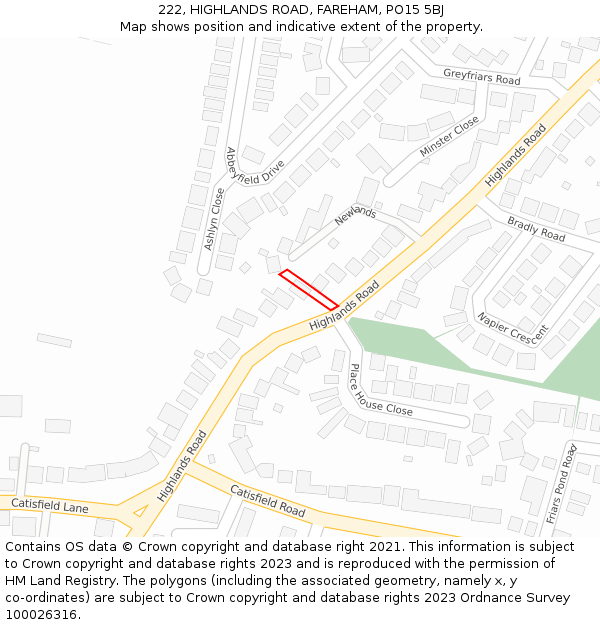 222, HIGHLANDS ROAD, FAREHAM, PO15 5BJ: Location map and indicative extent of plot