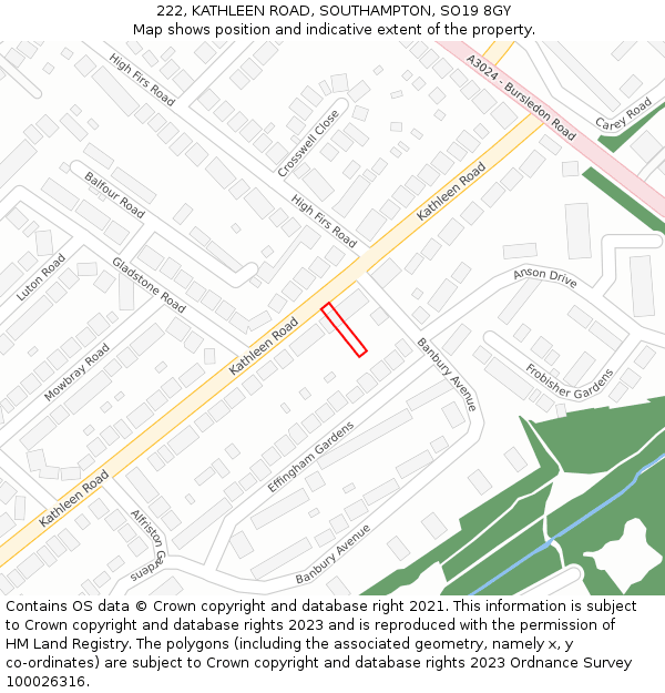 222, KATHLEEN ROAD, SOUTHAMPTON, SO19 8GY: Location map and indicative extent of plot