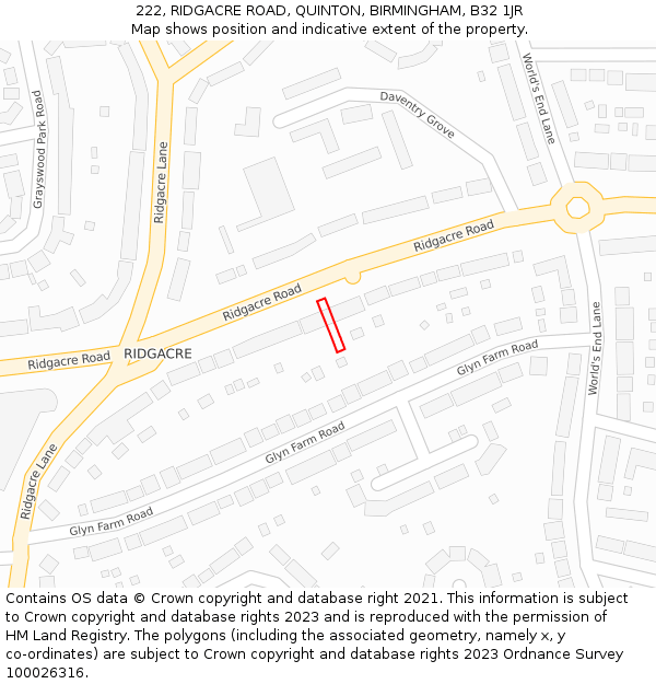 222, RIDGACRE ROAD, QUINTON, BIRMINGHAM, B32 1JR: Location map and indicative extent of plot