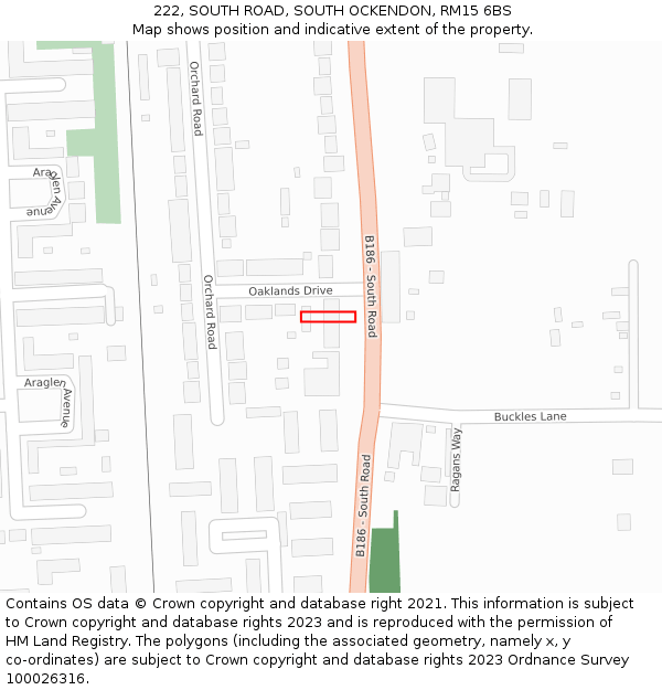 222, SOUTH ROAD, SOUTH OCKENDON, RM15 6BS: Location map and indicative extent of plot