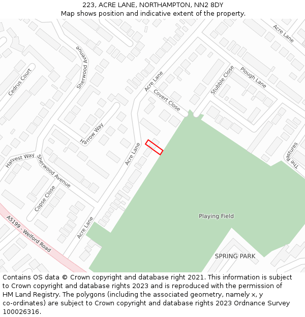 223, ACRE LANE, NORTHAMPTON, NN2 8DY: Location map and indicative extent of plot