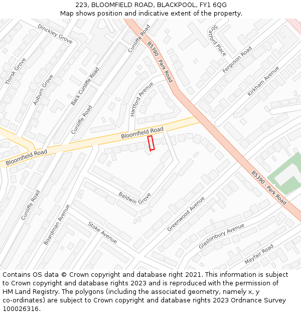 223, BLOOMFIELD ROAD, BLACKPOOL, FY1 6QG: Location map and indicative extent of plot