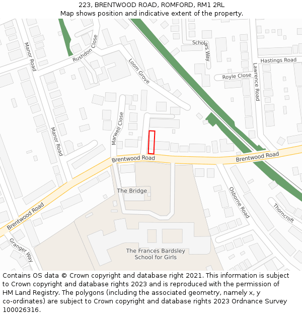 223, BRENTWOOD ROAD, ROMFORD, RM1 2RL: Location map and indicative extent of plot