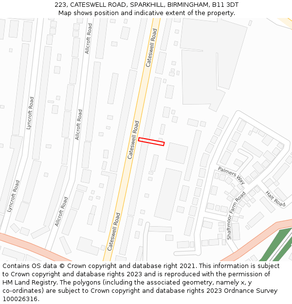 223, CATESWELL ROAD, SPARKHILL, BIRMINGHAM, B11 3DT: Location map and indicative extent of plot