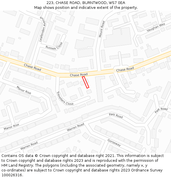 223, CHASE ROAD, BURNTWOOD, WS7 0EA: Location map and indicative extent of plot