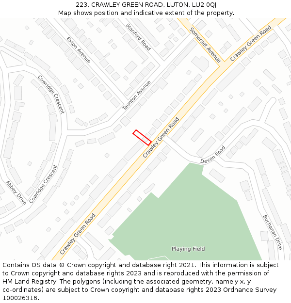 223, CRAWLEY GREEN ROAD, LUTON, LU2 0QJ: Location map and indicative extent of plot