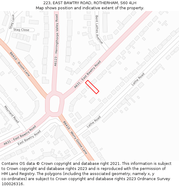 223, EAST BAWTRY ROAD, ROTHERHAM, S60 4LH: Location map and indicative extent of plot
