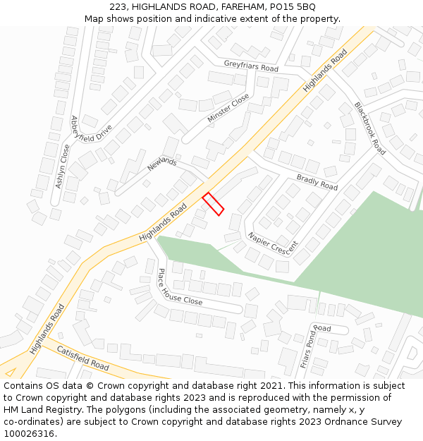 223, HIGHLANDS ROAD, FAREHAM, PO15 5BQ: Location map and indicative extent of plot