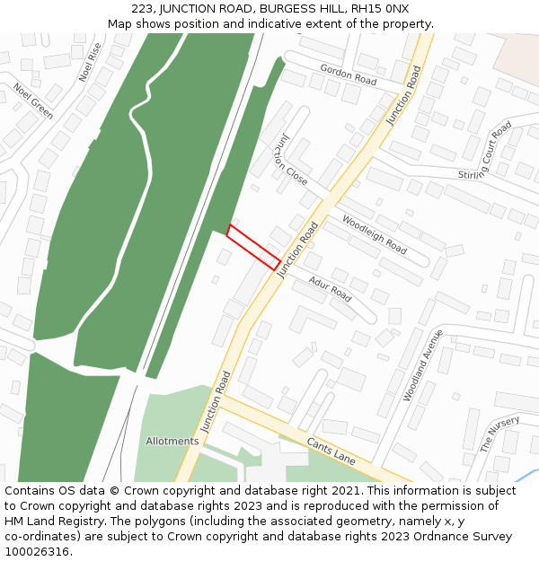 223, JUNCTION ROAD, BURGESS HILL, RH15 0NX: Location map and indicative extent of plot