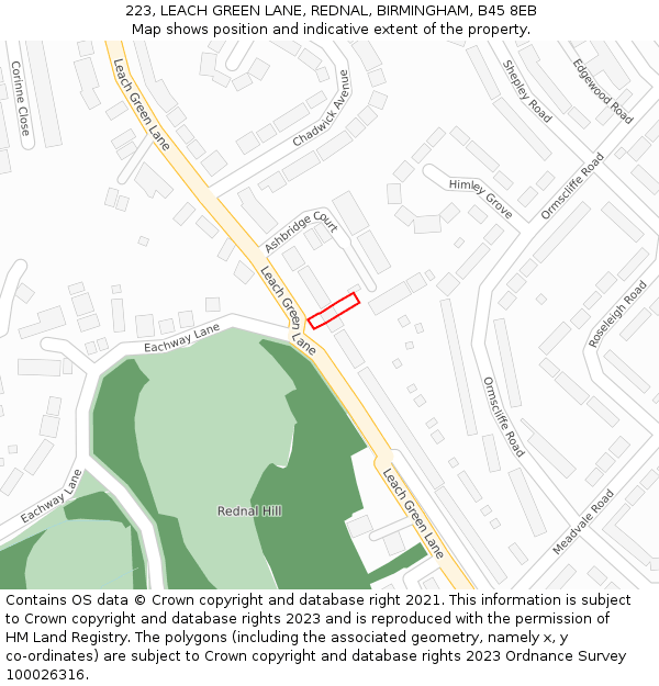 223, LEACH GREEN LANE, REDNAL, BIRMINGHAM, B45 8EB: Location map and indicative extent of plot