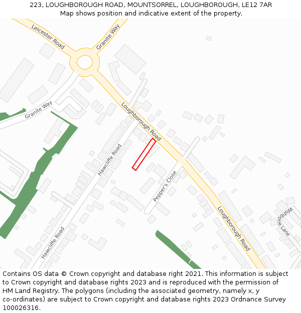 223, LOUGHBOROUGH ROAD, MOUNTSORREL, LOUGHBOROUGH, LE12 7AR: Location map and indicative extent of plot