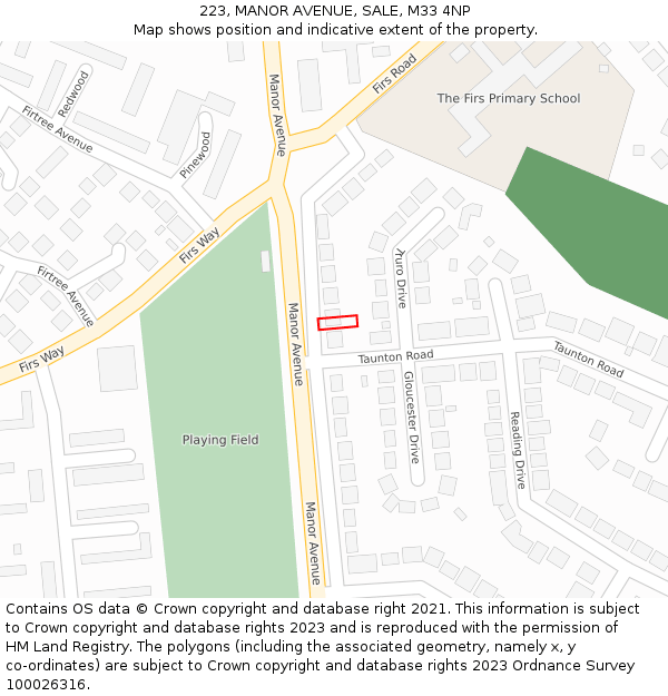 223, MANOR AVENUE, SALE, M33 4NP: Location map and indicative extent of plot