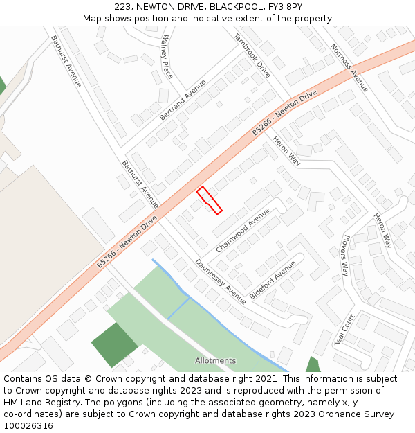 223, NEWTON DRIVE, BLACKPOOL, FY3 8PY: Location map and indicative extent of plot