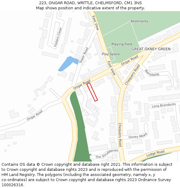 223, ONGAR ROAD, WRITTLE, CHELMSFORD, CM1 3NS: Location map and indicative extent of plot