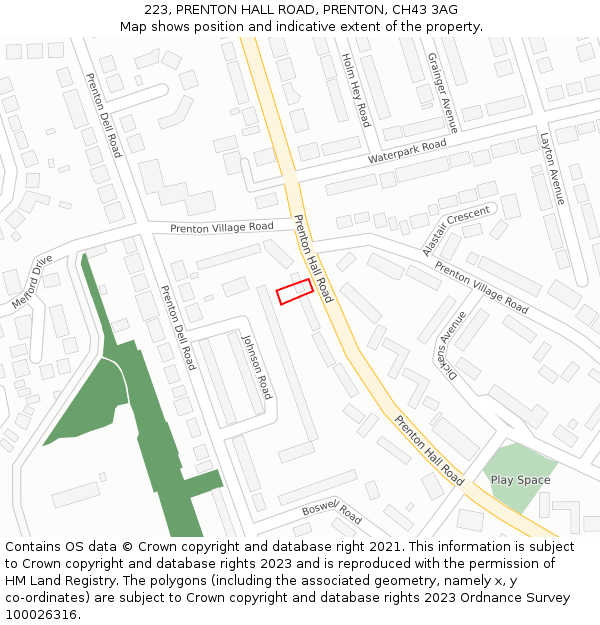 223, PRENTON HALL ROAD, PRENTON, CH43 3AG: Location map and indicative extent of plot