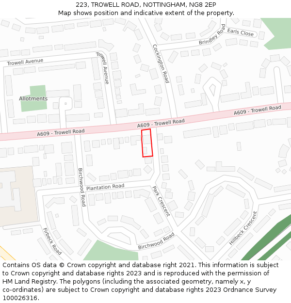 223, TROWELL ROAD, NOTTINGHAM, NG8 2EP: Location map and indicative extent of plot