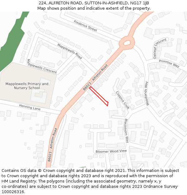 224, ALFRETON ROAD, SUTTON-IN-ASHFIELD, NG17 1JB: Location map and indicative extent of plot