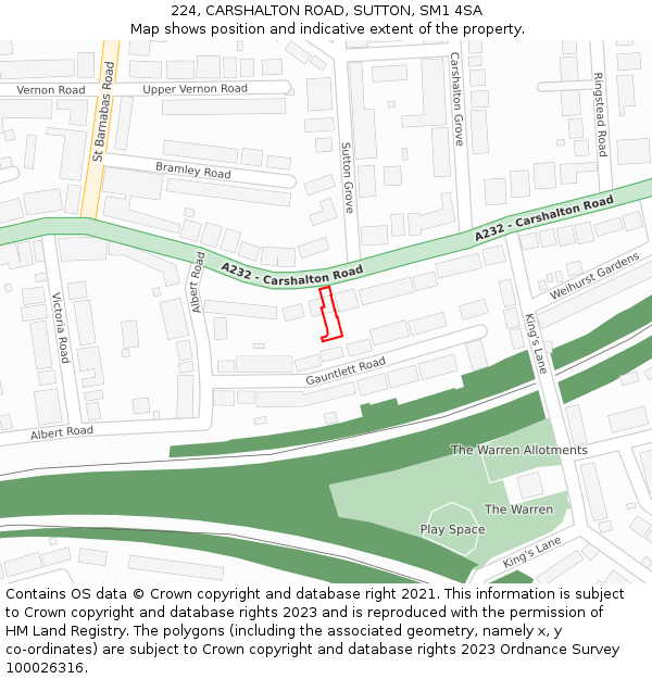 224, CARSHALTON ROAD, SUTTON, SM1 4SA: Location map and indicative extent of plot