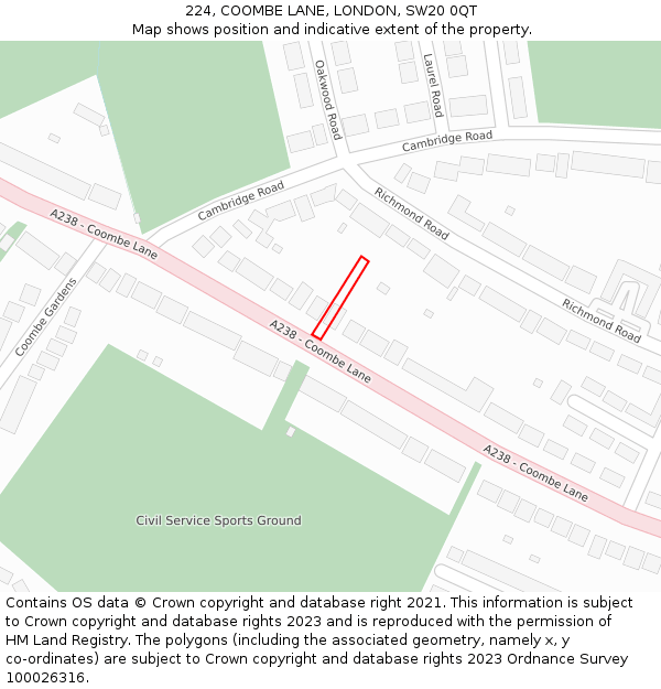 224, COOMBE LANE, LONDON, SW20 0QT: Location map and indicative extent of plot