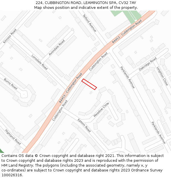 224, CUBBINGTON ROAD, LEAMINGTON SPA, CV32 7AY: Location map and indicative extent of plot