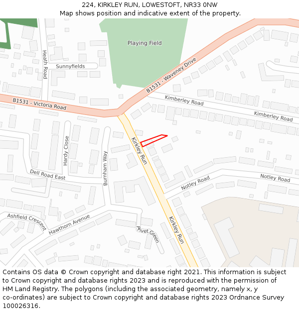 224, KIRKLEY RUN, LOWESTOFT, NR33 0NW: Location map and indicative extent of plot