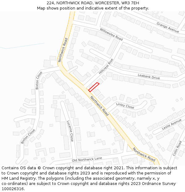 224, NORTHWICK ROAD, WORCESTER, WR3 7EH: Location map and indicative extent of plot