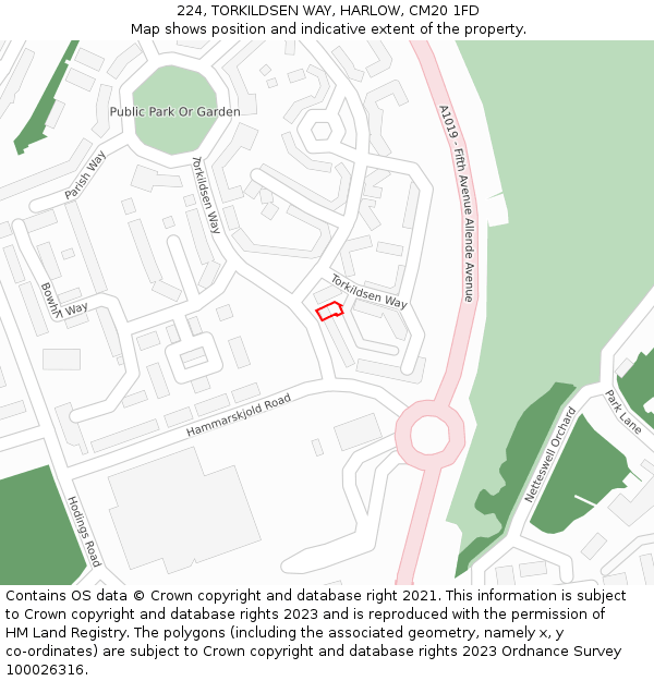 224, TORKILDSEN WAY, HARLOW, CM20 1FD: Location map and indicative extent of plot