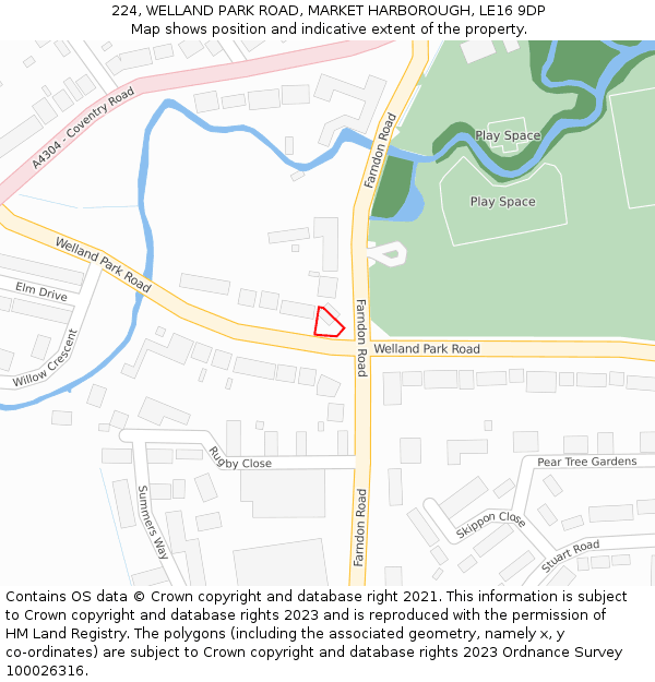 224, WELLAND PARK ROAD, MARKET HARBOROUGH, LE16 9DP: Location map and indicative extent of plot