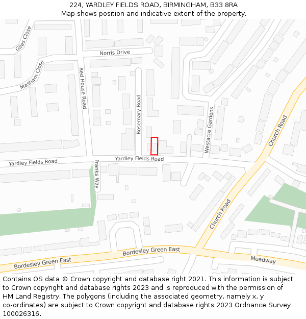 224, YARDLEY FIELDS ROAD, BIRMINGHAM, B33 8RA: Location map and indicative extent of plot