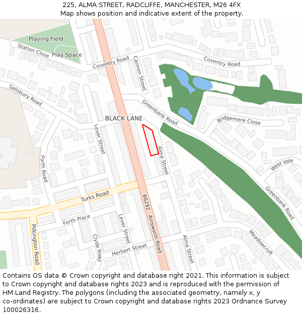 225, ALMA STREET, RADCLIFFE, MANCHESTER, M26 4FX: Location map and indicative extent of plot