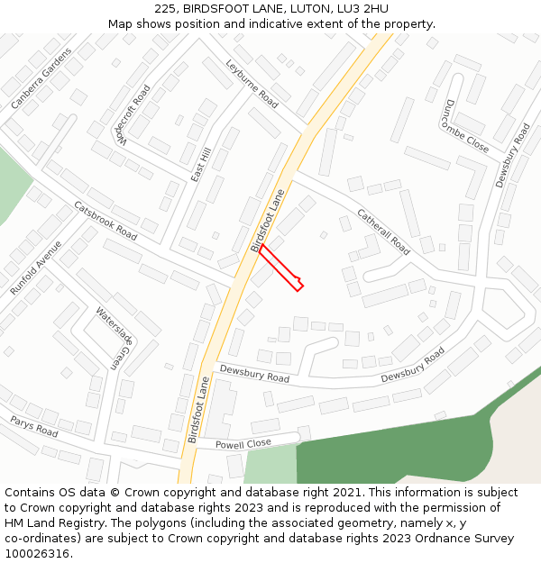 225, BIRDSFOOT LANE, LUTON, LU3 2HU: Location map and indicative extent of plot