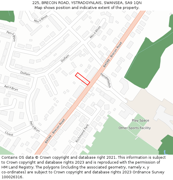 225, BRECON ROAD, YSTRADGYNLAIS, SWANSEA, SA9 1QN: Location map and indicative extent of plot