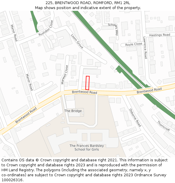 225, BRENTWOOD ROAD, ROMFORD, RM1 2RL: Location map and indicative extent of plot