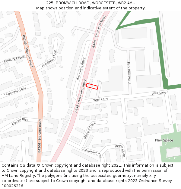 225, BROMWICH ROAD, WORCESTER, WR2 4AU: Location map and indicative extent of plot