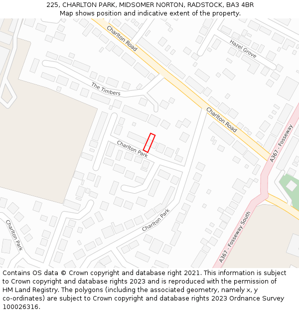 225, CHARLTON PARK, MIDSOMER NORTON, RADSTOCK, BA3 4BR: Location map and indicative extent of plot