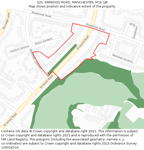 225, ERRWOOD ROAD, MANCHESTER, M19 1JB: Location map and indicative extent of plot