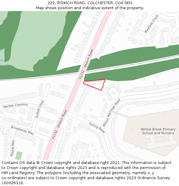 225, IPSWICH ROAD, COLCHESTER, CO4 0EN: Location map and indicative extent of plot