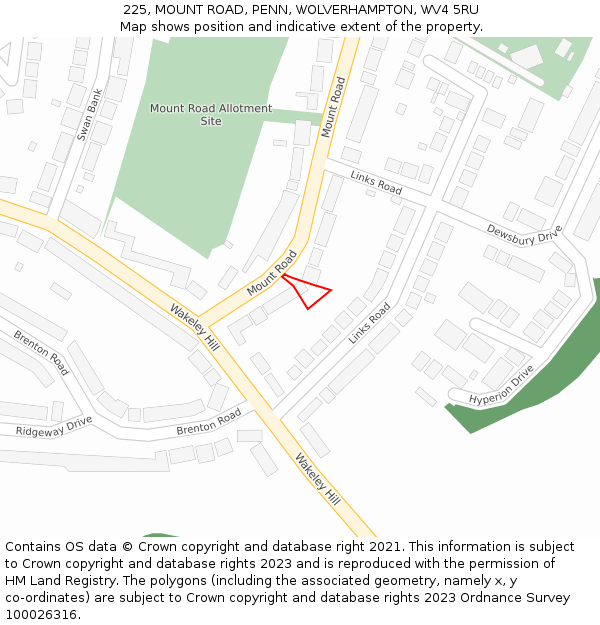 225, MOUNT ROAD, PENN, WOLVERHAMPTON, WV4 5RU: Location map and indicative extent of plot