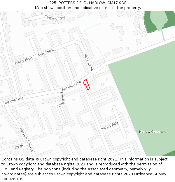 225, POTTERS FIELD, HARLOW, CM17 9DF: Location map and indicative extent of plot