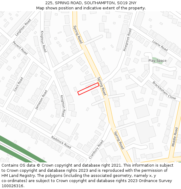 225, SPRING ROAD, SOUTHAMPTON, SO19 2NY: Location map and indicative extent of plot