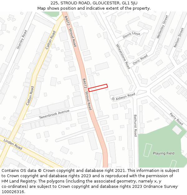 225, STROUD ROAD, GLOUCESTER, GL1 5JU: Location map and indicative extent of plot