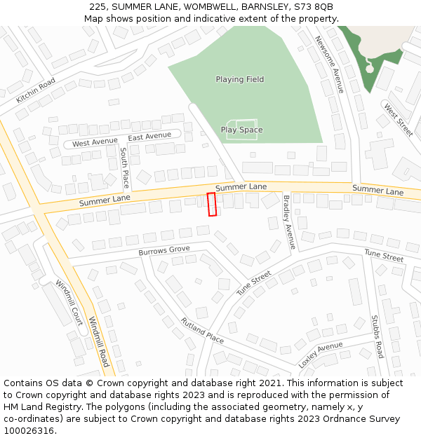225, SUMMER LANE, WOMBWELL, BARNSLEY, S73 8QB: Location map and indicative extent of plot