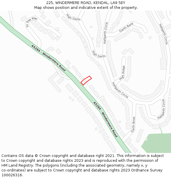 225, WINDERMERE ROAD, KENDAL, LA9 5EY: Location map and indicative extent of plot