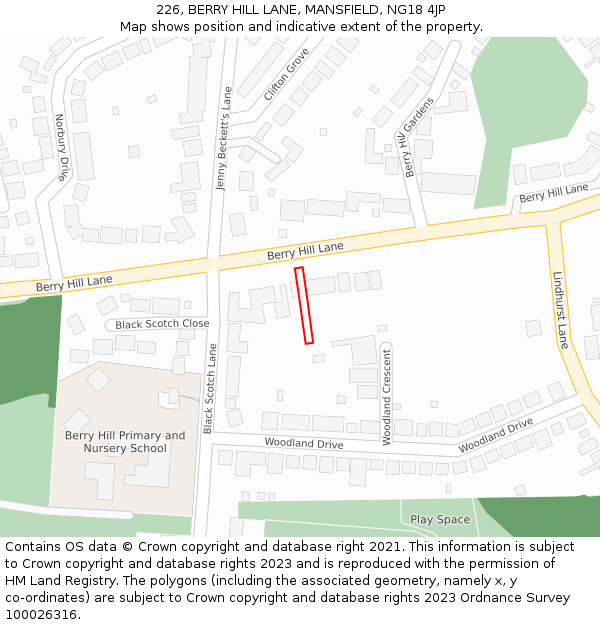 226, BERRY HILL LANE, MANSFIELD, NG18 4JP: Location map and indicative extent of plot