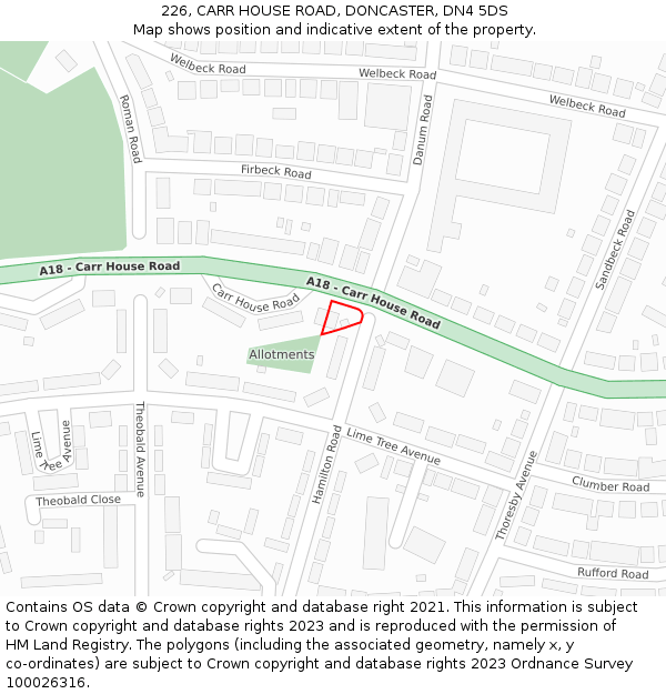 226, CARR HOUSE ROAD, DONCASTER, DN4 5DS: Location map and indicative extent of plot