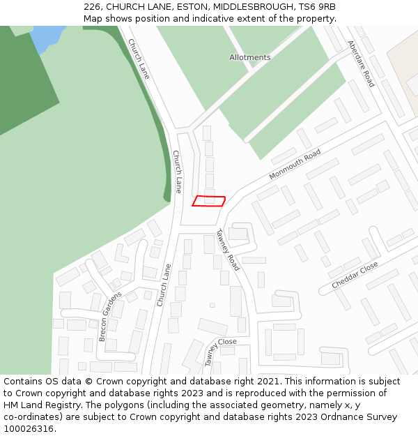 226, CHURCH LANE, ESTON, MIDDLESBROUGH, TS6 9RB: Location map and indicative extent of plot