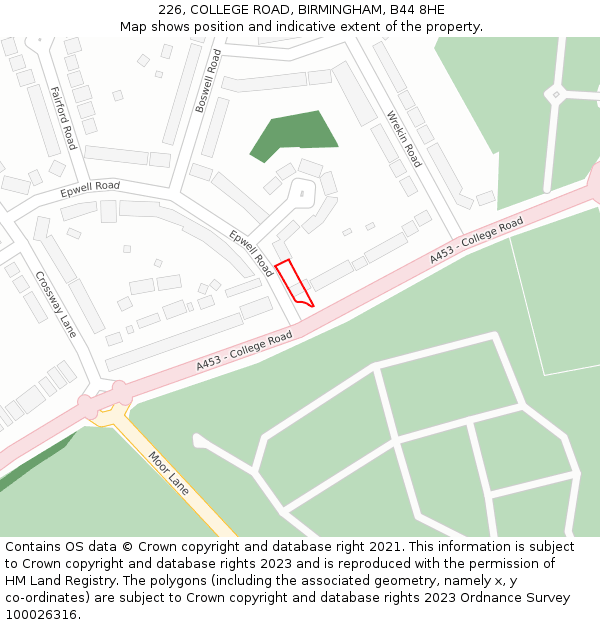 226, COLLEGE ROAD, BIRMINGHAM, B44 8HE: Location map and indicative extent of plot