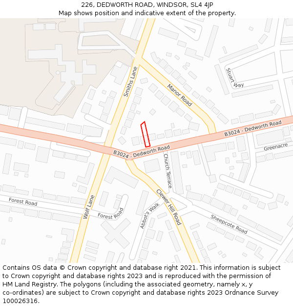 226, DEDWORTH ROAD, WINDSOR, SL4 4JP: Location map and indicative extent of plot